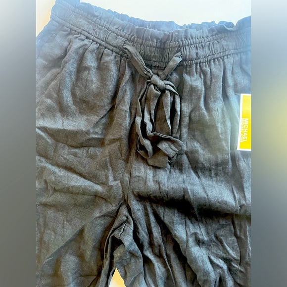 MICHAEL KORS Womens Medium Black Tie Paperbag Waist Cropped Wide Leg Linen Blend - Picture 2 of 12